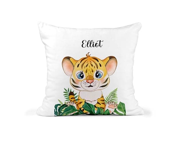 Custom Kids Jungle Cushion | Personalised Scatter Cushion | 100% Polyester Throw Pillow | Nursery Decor | New Baby Gift | 40cm x 40cm | Elephant, Giraffe, Tiger, Sloth, Zebra, or Hippo Design thumbnail 3