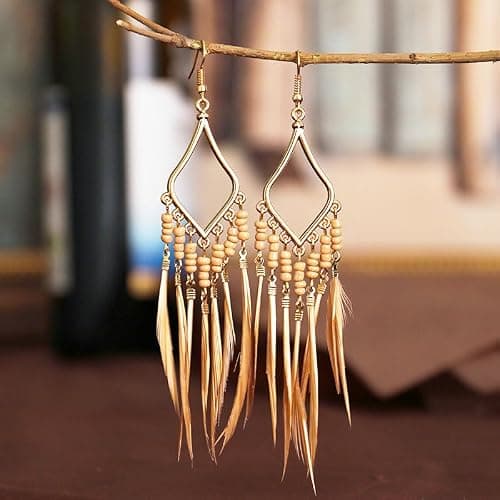 Efdagsad Bead Earrings Set Feather Tassel Gold Boho Ethnic Retro Bohemian Dangle Earring Bead Women Jewelry for Birthday Party Gifts thumbnail 3