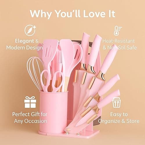 DANFFI 19-Piece Pink Kitchen Utensil Set – Silicone Cooking Tools with Wooden Handles, Non-Stick & Heat Resistant, Includes Knives, Scissors & Cutting Board – BPA-Free Kitchen Accessories thumbnail 9