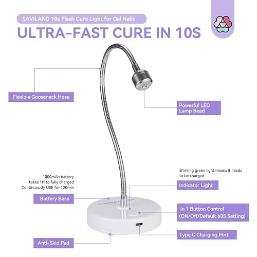 SAVILAND 12W 5s Flash Cure Gel Lamp Gooseneck U V Light for Nail Techs | Touch switch control, 3 timer settings, 5S fast cure, Rechargeable, 360° flexible for home & salon use thumbnail 7