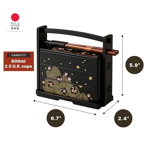 JapanBargain 1951, Made in Japan Three-Tier Japanese Lunch Bento Box with Chopsticks, Lacquered Sakura Cherry Blossom Design thumbnail 3