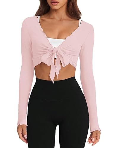 NIASHOT Pilates Outfits for Women Long Sleeve Shirts Wrap Workout Tops | Soft,Lightweight,Summer Tops,Fall Clothes,Yoga,Gym Sets,Shrugs,Crop Tops,Ballet,Tie Front Tops,Fitness Clothing thumbnail 2