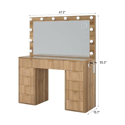 Cozynome 47" Vanity Desk with 3-Color LED Mirror & 11 Drawers, Fluted Makeup Vanity with Glass Top, Charging Station (2 Outlets, 2 USB), Includes Vanity Stool, for Bedroom, Natural thumbnail 2