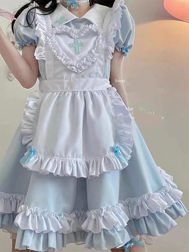 Ulalaza Gothic süße Mädchen Prinzessin Puppenkragen Spitze Schürze Retro Rüschentaschen mit Kopfschmuck Französisch Maid Kostüm thumbnail 5