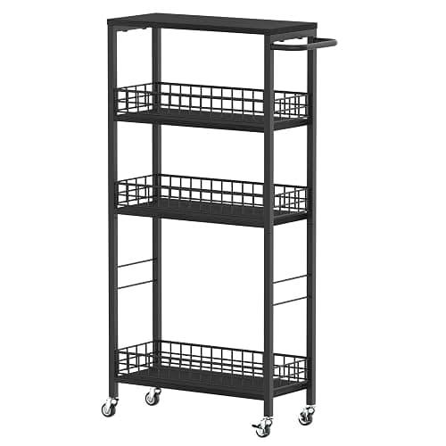 Slim Storage Cart 4 Tier Rolling Kitchen Cart Utility Serving Cart Laundry Room Narrow Cart with Handle Mobile Sheving Unit Organizer Wood Rolling Storage Cart for Bathroom Small Spaces, Modern Black - Image 1