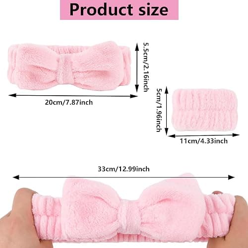 3 PCS Spa Headband and Wristband Set,Face Wash Headband Wrist Band,Makeup Skincare Headband Wrist Bands,Bowknot Elastic Strap for Makeup,for face wash,make-up,shower,massage,etc (Pink) thumbnail 2
