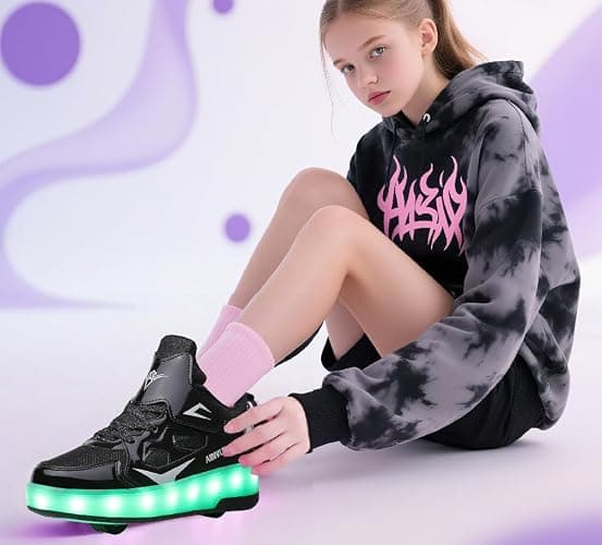 HUSKSWARE Kids Shoes with Wheels – 2-Wheel Roller Trainers for Boys Girls, LED Light-Up USB Rechargeable Retractable Sneakers, Outdoor Sports Skating Shoes EU 27-40 Black Pink Gold Silver White thumbnail 6