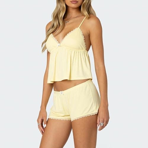 XBTCLXEBCO Lace Pajama Sets for Women 2 Piece Sexy Sleeveless Cami Tank Top and Shorts Pj Set Y2K Matching Lounge Sleepwear thumbnail 5
