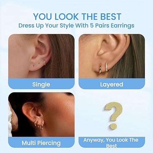 5 Pairs 14K Gold Plated Huggie Hoop Earrings for Women - Lightweight Minimalist Small Hoops, Hypoallergenic Nickel-free Lead-free, Non-Tarnish Everyday Jewelry for Sensitive Ears, Multiple Piercing Stack Set thumbnail 8