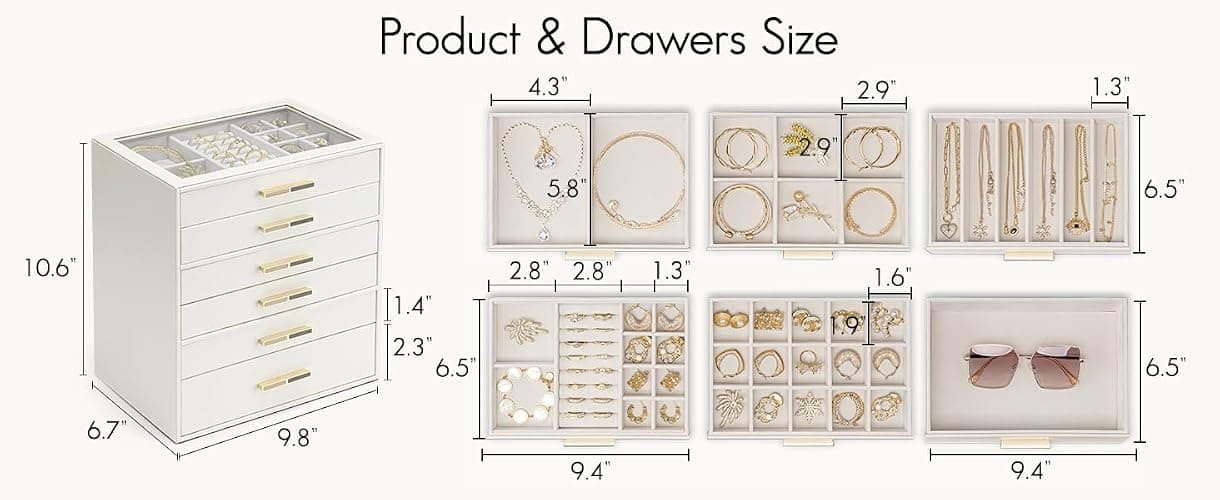 Vlando 6 Layer Jewelry Box for Women, Glass Lid Jewelry Organizer with 6 Drawers for Necklaces Rings Earrings Bracelets - Cloud White thumbnail 2