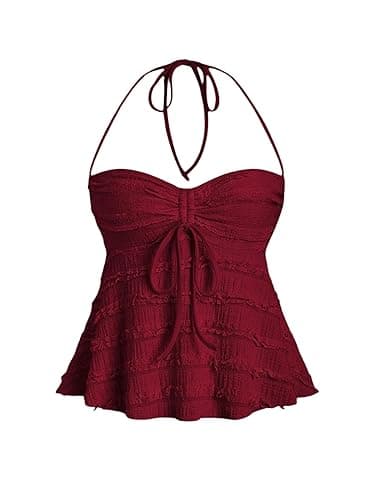 SOLY HUX Women's Peplum Halter Crop Tops Y2K Drawstring Tie Ruched Dressy Casual Spaghetti Strap Cami Top - Small - Pure Burgundy