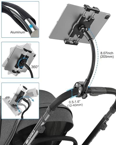 Gooseneck Tablet Holder for Wheelchair/Stroller/Golf Cart/Boat/Mic stand/Indoor Cycling Bike/Gym Bicycle Handlebar Clamp, Compatible with 4.7-13" iPad Pro/Air/Mini, iPhone, Galaxy, Fire HD, E-book thumbnail 3