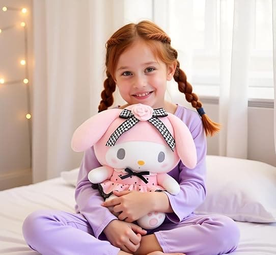 AlphaDesignLuxe 13″ Kitty Plush Toy – Kawaii Cat Stuffed Animal with Long Pink Ears, Polka-Dot Dress, Black Lace Trim & Rose Bow, Soft Plush Doll Gift for Kids, Teens & Collectors thumbnail 3