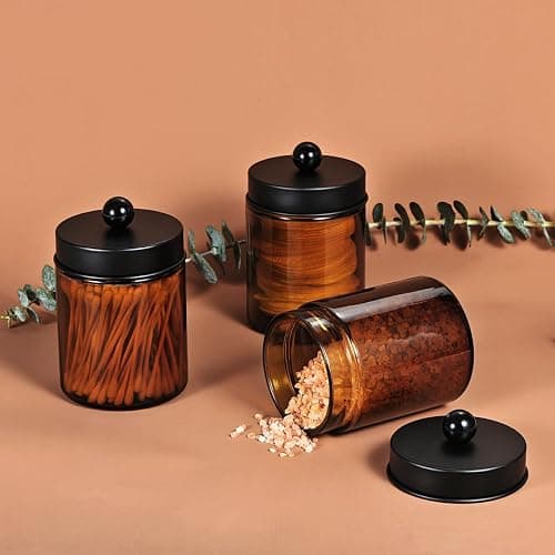 Amber Glass Qtip Holder, Apothecary Jar,Qtip Dispenser with Metal Lid & Stickers- 3Pack Containers,Vanity Canister Organizer Storage,Bathroom Accessories Set for Cotton Swab, Ball, Pad, Floss thumbnail 6