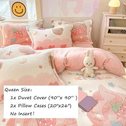 CinYana Pink Strawberry Duvet Cover Set Fluffy Duvet Cover Kawaii Cartoon Comforter Cover Soft Kids Duvet Cover Queen Bedding Set (Strawberry, Queen) thumbnail 3