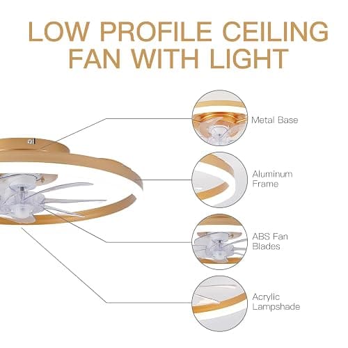 STERREN Modern Gold Ceiling Fans with Lights,20" Dimmable Flush Mount Low Profile Ceiling Fans with Remote Control,Indoor Smart Ceiling Fan with Light for Bedroom thumbnail 7