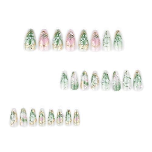 LBPEPAMZ Green Press on Nails Medium Almond Fake Nails with 3D Pearl Rhinestones Designs Gold French Tips Flower Acrylic Nails False Nails White Floral Full Cover Glossy Stick on Nails for Women 24Pcs thumbnail 2