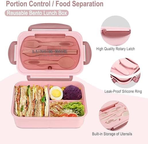 WILDAURORA Bento Box for Adult, 1200 ML Lunch Containers for Adults, LeakProof Lunch Box with Utensils, BPA Free, 3 Compartment Bento Box Microwave Safe - Pink thumbnail 4