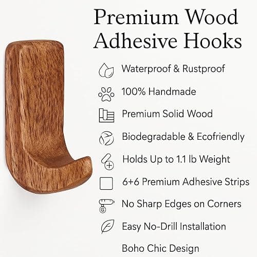 Indian Shelf 6 Wood Adhesive Wall Hooks Peel Stick for Keys and Jewelry thumbnail 5