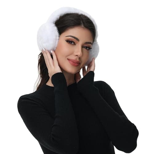 POMIJIAN Winter Ear Muffs for Women Girls Faux Fur Cute White Earmuffs Fluffy Ear Warmers Foldable Ear Covers Outdoor - Image 1