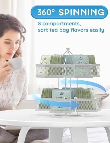 VOGWOLTH Tea Bag Organizer, Tea Bag Storage Holder Spinning Carousel 96 Teabags Container, Lazy Susan Coffee Creamer Sweetener Tea Caddy for Kitchen Counter Cabinet Pantry Shelf Organizer thumbnail 3