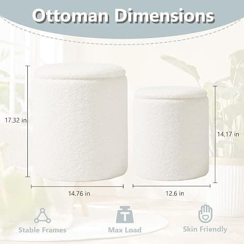 Royal Windsor Boucle Round Ottoman with Storage Set of 2,Small Foot Stool Ottoman for Living Room, Small Coffee Table,Vanity Stool with Storage for Bedroom, White thumbnail 2