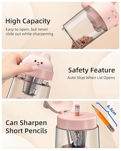 ZMOL Colored Pencil Sharpener for Kids Gift, Rechargeable Electric Pencil Sharpener, Auto Stop, Pencil Sharpeners for Battery Powered Cute No.2/Colored Pencils (6-8mm), Classroom/Office/Home (Pink) thumbnail 9