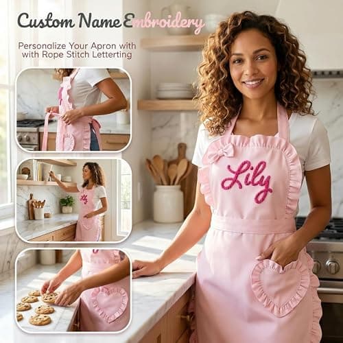 Varedia Custom Aprons for Women with String Embroidery Name and Heart-Shaped Pouch Personalized Pink Aprons for Kitchen, BBQ thumbnail 6