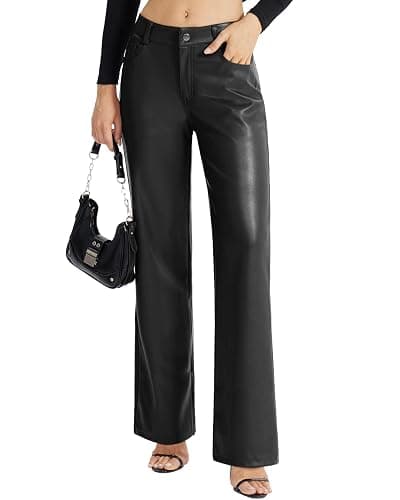 VILIGO Women's Faux Leather Pants Button PU Jeans Straight Wide Leg Trousers with Pockets - Image 1