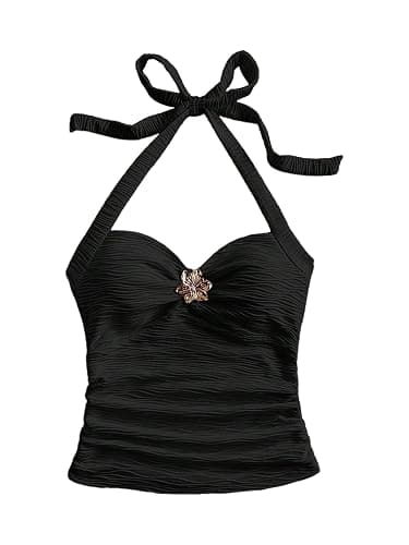 SOLY HUX Women's V Neck Halter Tops Open Back Y2k Ruched Floral Metal Summer Going Out Cami Tops - Image 1