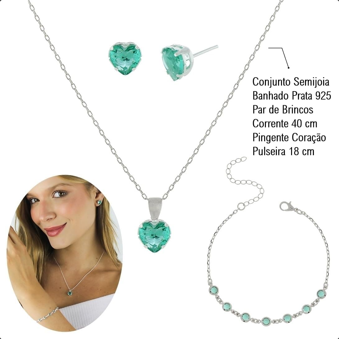 Kit Semijoia Banhado Prata 925 com Pulseira, Colar e Brinco Coração Verde Turmalina thumbnail 3