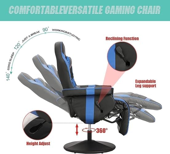 LVUYOYO Reclining Gaming Chair, Massage Gaming Chairs for Adults, High Back PU Leather Game Recliner w/Adjustable Height, Swivel Game Chair with Lumbar Support, Cup Holder, Headrest thumbnail 5