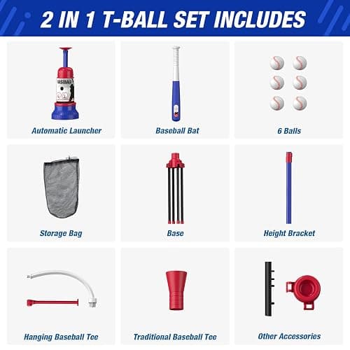 HYES 3-in-1 Baseball Set for Kids with Auto Pitching Machine | Tee Ball Stand, Hanging Tee, Ball Launcher and 6 Softballs - Adjustable Height, Indoor/Outdoor Sport Gifts for Boys Girls thumbnail 7