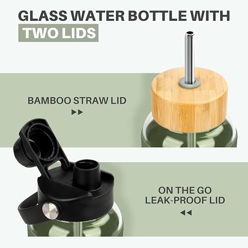 PROBTTL 40 oz Glass Tumbler with Handle - Sports Clear Borosilicate Glass Water Bottle with Straw, Silicone Sleeve, 2 Lids - Handle Spout & Bamboo Straw Lid, Fits Car Cup Holder, Leakproof（Olive thumbnail 3