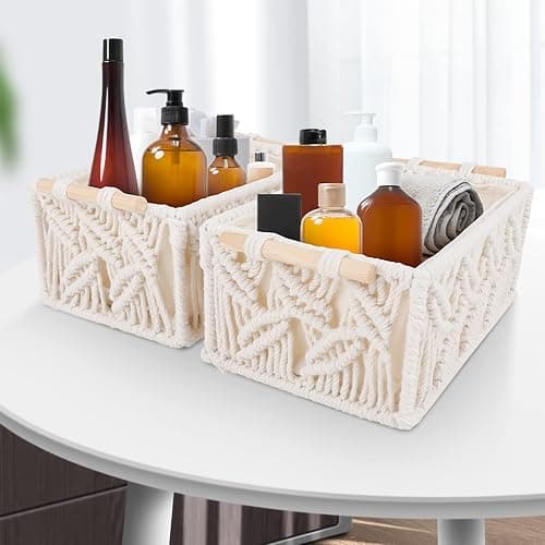 ANMINY 3PCS Macrame Storage Baskets for Organizing Boho Decor Baskets Storage Bins with Wood Handles Handmade Decorative Storage Boxes Desk Toilet Tank Bathroom Self Basket Organizer - Leaves thumbnail 2