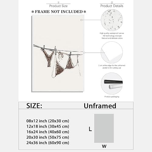 Leopard Bikini Poster Trendy Preppy Beachy Wall Art Coastal Aesthetic Canvas Print Cheetah Bikini on Clothesline Summer Painting Picture Girly Room Dorm Beach Bathroom Decor 12x18inch Unframed thumbnail 2
