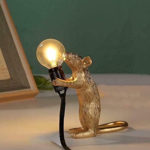 HGomx Modern Resin Mouse Lamp Animal Table Lights Creative Art Desk Lamps Bedside Gift Decoration LED Bedroom,Study Room (Gold-Standing) thumbnail 2