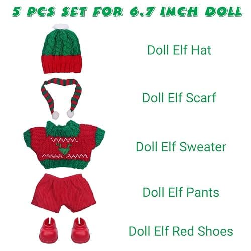5pcs Doll Christmas Clothes Outfit Set for 17cm/15cm Dolls Accessories (No Doll) – Handcrafted Red and Green Hat, Sweater, Pants, Scaft and Red Boots AK076 thumbnail 3