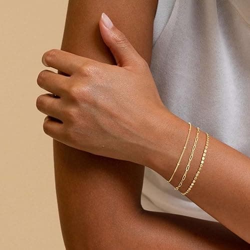 Gold Bracelets for Women, 14K Dainty Gold Plated Stackable Bracelets for Women Trendy Waterproof CZ Tennis Bracelet Set Tiny Heart Paperclip Box Chain Adjustable Bracelets Minimalist Cute Jewelry thumbnail 3