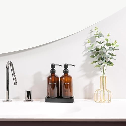 Prus Waso Amber Glass Soap Dispenser Set, Hand Soap and Lotion Set with Black Stainless Steel Pump, Perfect for Modern Bathroom Decor. (Amber) thumbnail 4