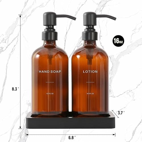 Prus Waso Amber Glass Soap Dispenser Set, Hand Soap and Lotion Set with Black Stainless Steel Pump, Perfect for Modern Bathroom Decor. (Amber) thumbnail 3