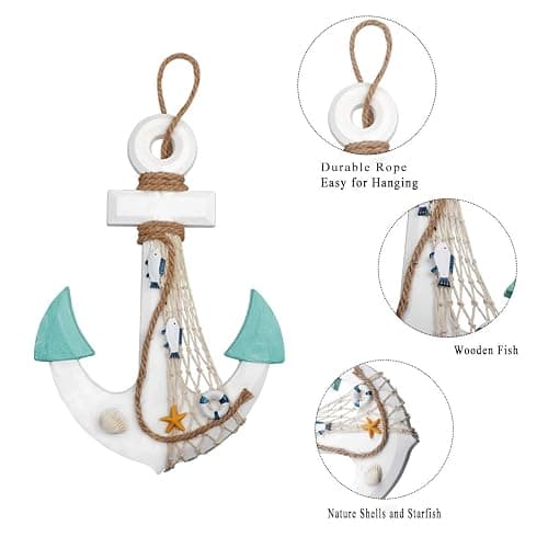 Meching 2 Pack 11" Nautical Beach Wooden Ship Wheel and 13" Wood Anchor with Rope Nautical Boat Steering Wheel Rudder Anchor Wall Decor Door Hanging Ornament Beach Theme Home Decoration(White&Green) thumbnail 5