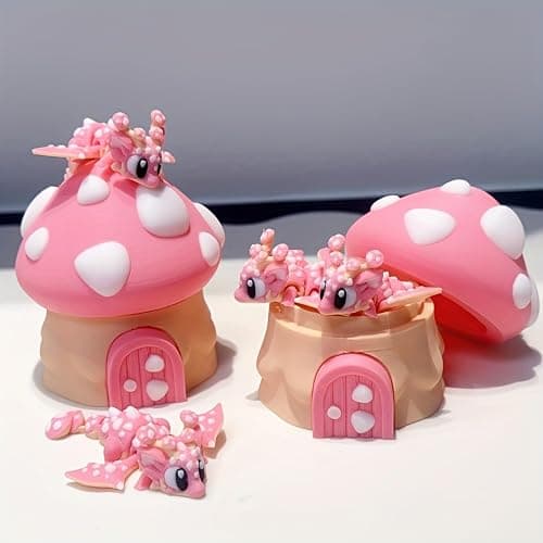 3D Printed Cute Mushroom House + Mushroom Dragon Toy Set,Cute Figurine Desktop Decorative Sculpture Ornament (Blue) thumbnail 4