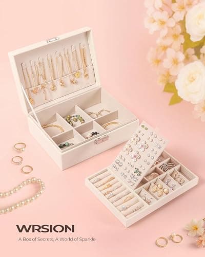 WRSION Jewellery Box Organiser, 2 Layer Jewelry Organizer with 2 Keys, Large PU Leather Jewelry Storage Case with Removable Tray for Rings Earrings Necklace, Jewellery Box for Women Girls (White) thumbnail 2