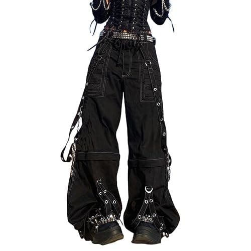 Kodaruber Women Vintage Goth Hip Hop Jeans Punk High Waisted Baggy Bootcut Jeans Strap Chain Striped Wide Leg Denim Pants - Image 1