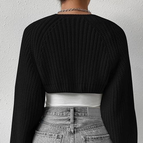 Fuimsul Women Open Front Ribbed Knit Crop Bolero Drop Shoulder Long Sleeve Solid Loose Fit Knitted Crop Cardigan Shrug thumbnail 7