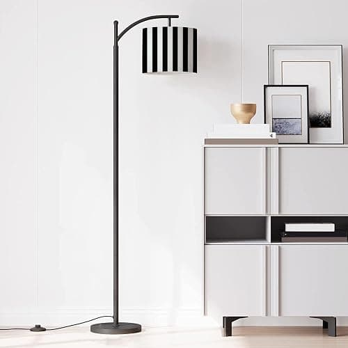 LOPYEIJFG Modern Arc Floor Lamp with Dimmer Mid Century Striped Black White Metal Standing Lamp with Linen Shade Footswitch for Living Room Bedroom Office thumbnail 3
