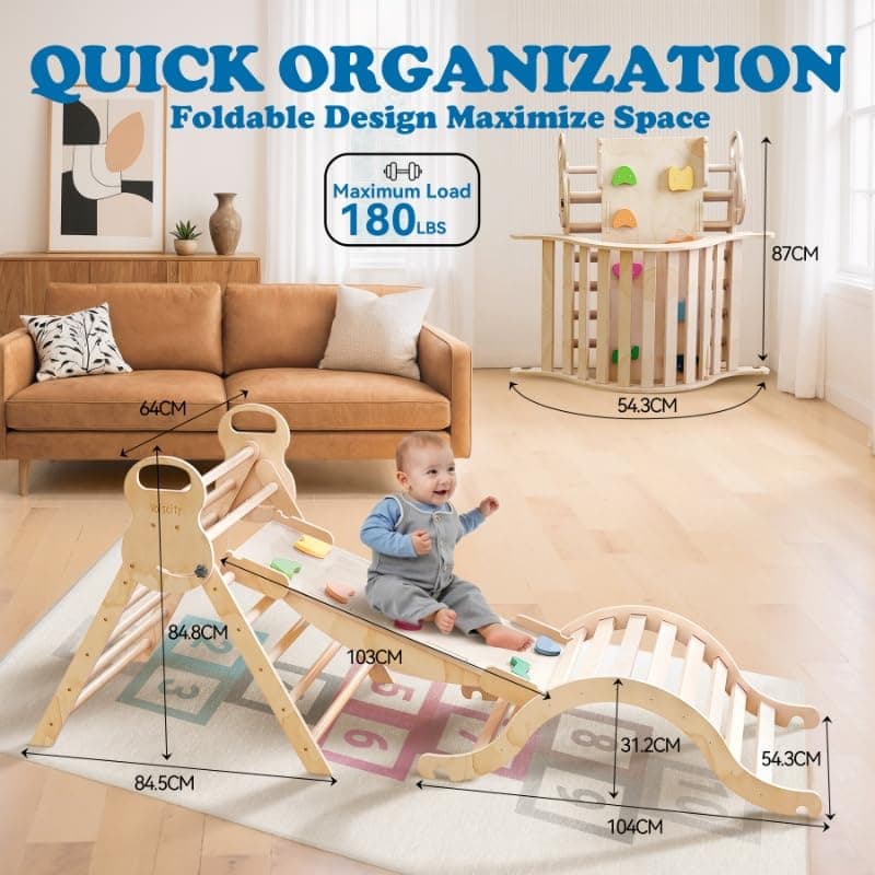 7 in 1 Large Pikler Triangle Set,Foldable Climbing Toys Wooden Montessori Climbing with Sliding Ramp&Arch Rocker for Toddlers,Climber Indoor Playground Set for Kids (Wooden Color) thumbnail 2