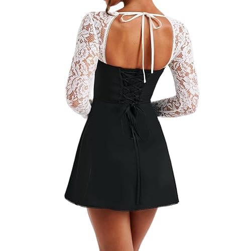 FeMereina Women 's Elegant Lace Long Sleeve Dress Lace Patchwork Low Cut Mini Dress Backless Tie-up Going Out Dress thumbnail 5