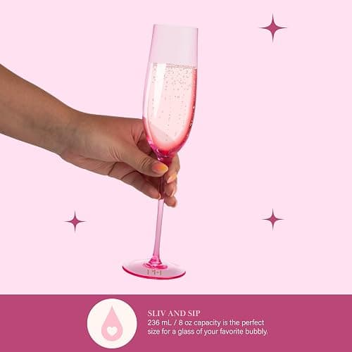 Paris Hilton Champagne Flute Set, Handmade Glass Collection in Paris Signature Pink, Perfect for Parties and Special Occasions, Serve Champagne, Prosecco, Mimosas and More, 8-Ounce, 2-Piece Set, Pink thumbnail 3